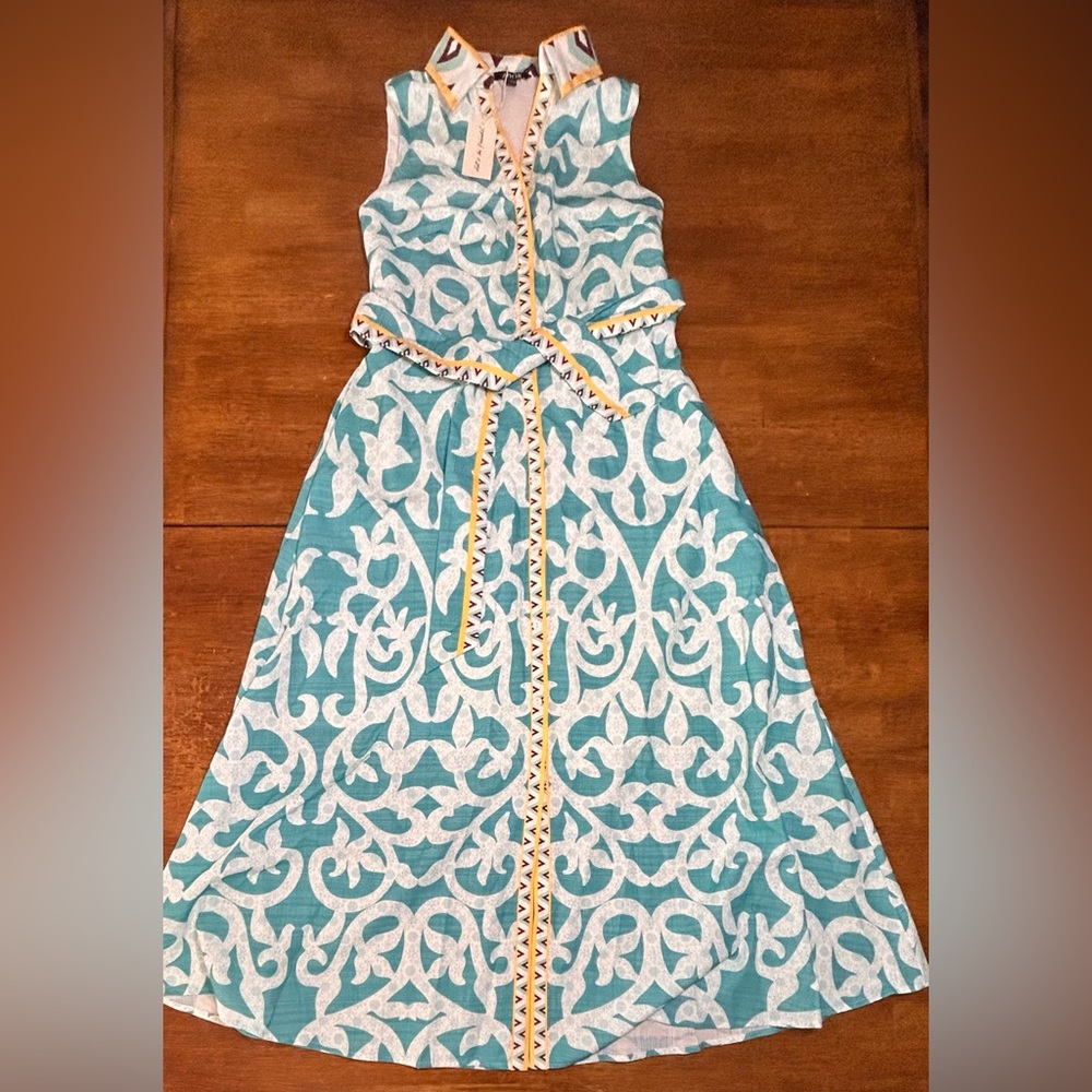 Ador Sleeveless Teal & White Patterned Linen Style Dress with Belt